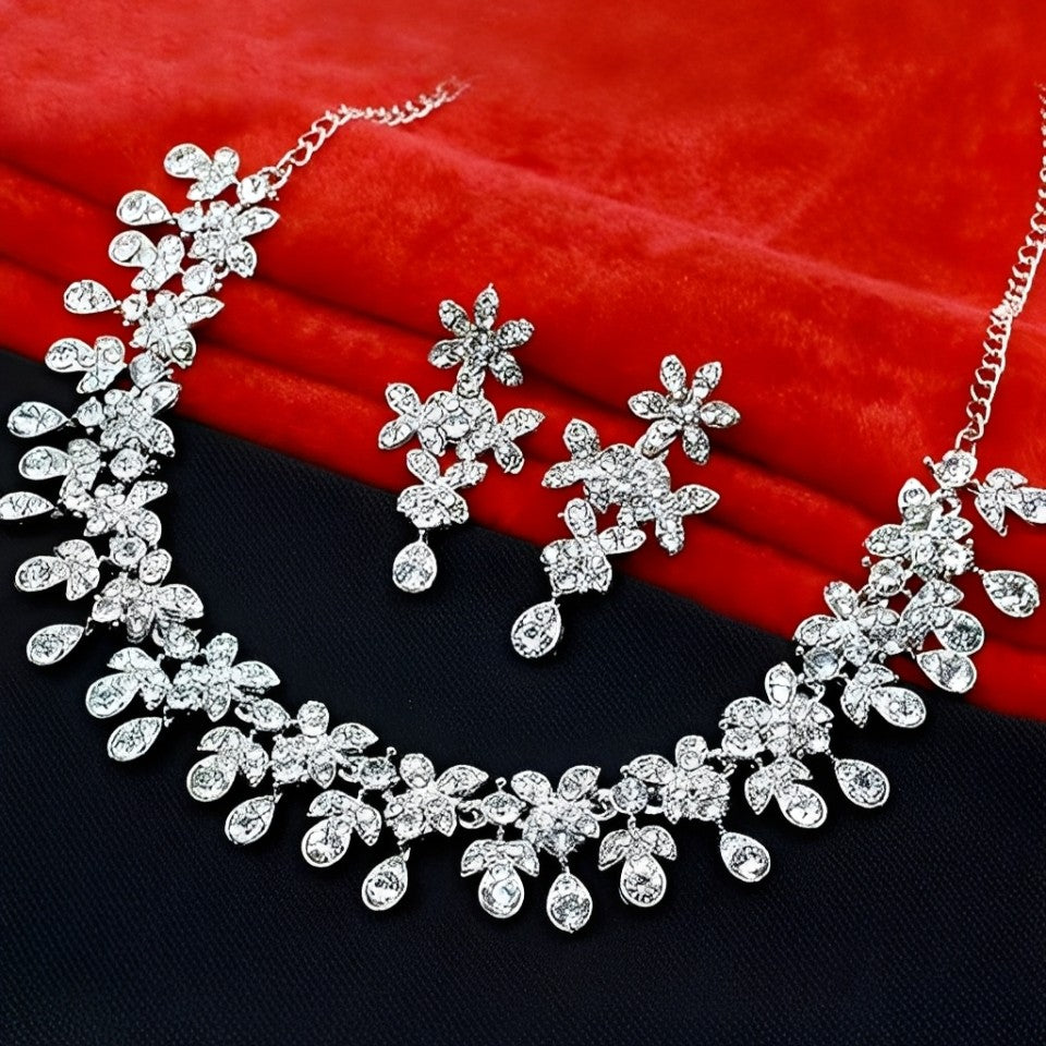 Floral Crystal Statement Necklace and Earring Set