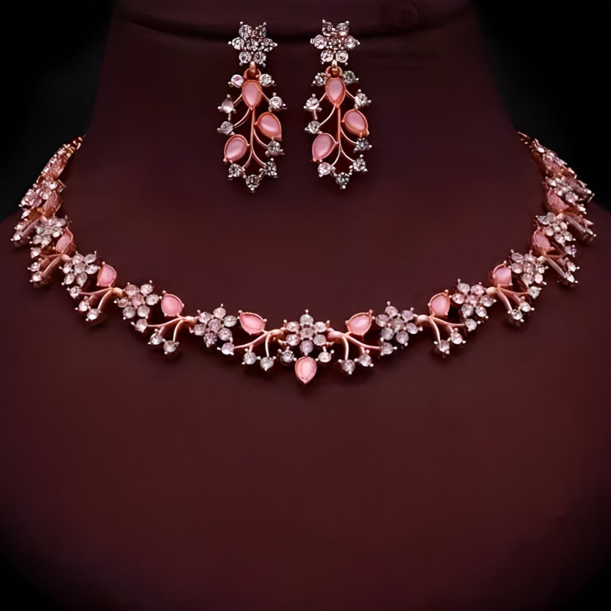 Elegant Rose Gold Floral Necklace and Earring Set with Pink Stone Accents