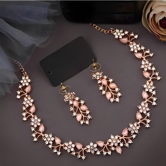 Elegant Rose Gold Floral Necklace and Earring Set with Pink Stone Accents